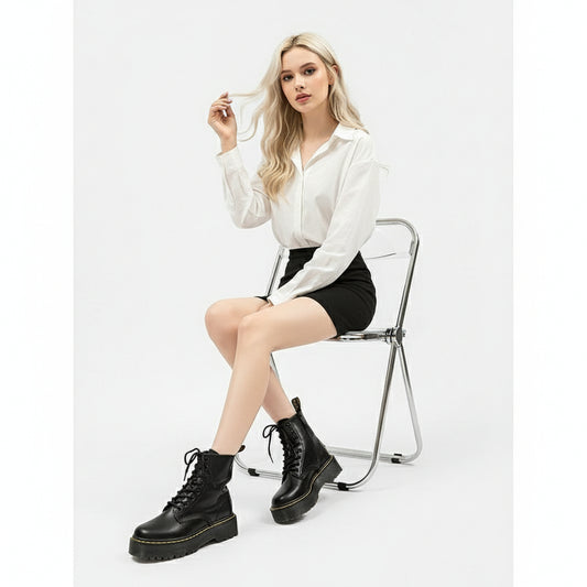 Platform Martin Boots Women's Thickened Real Leather Black Flat Bottom