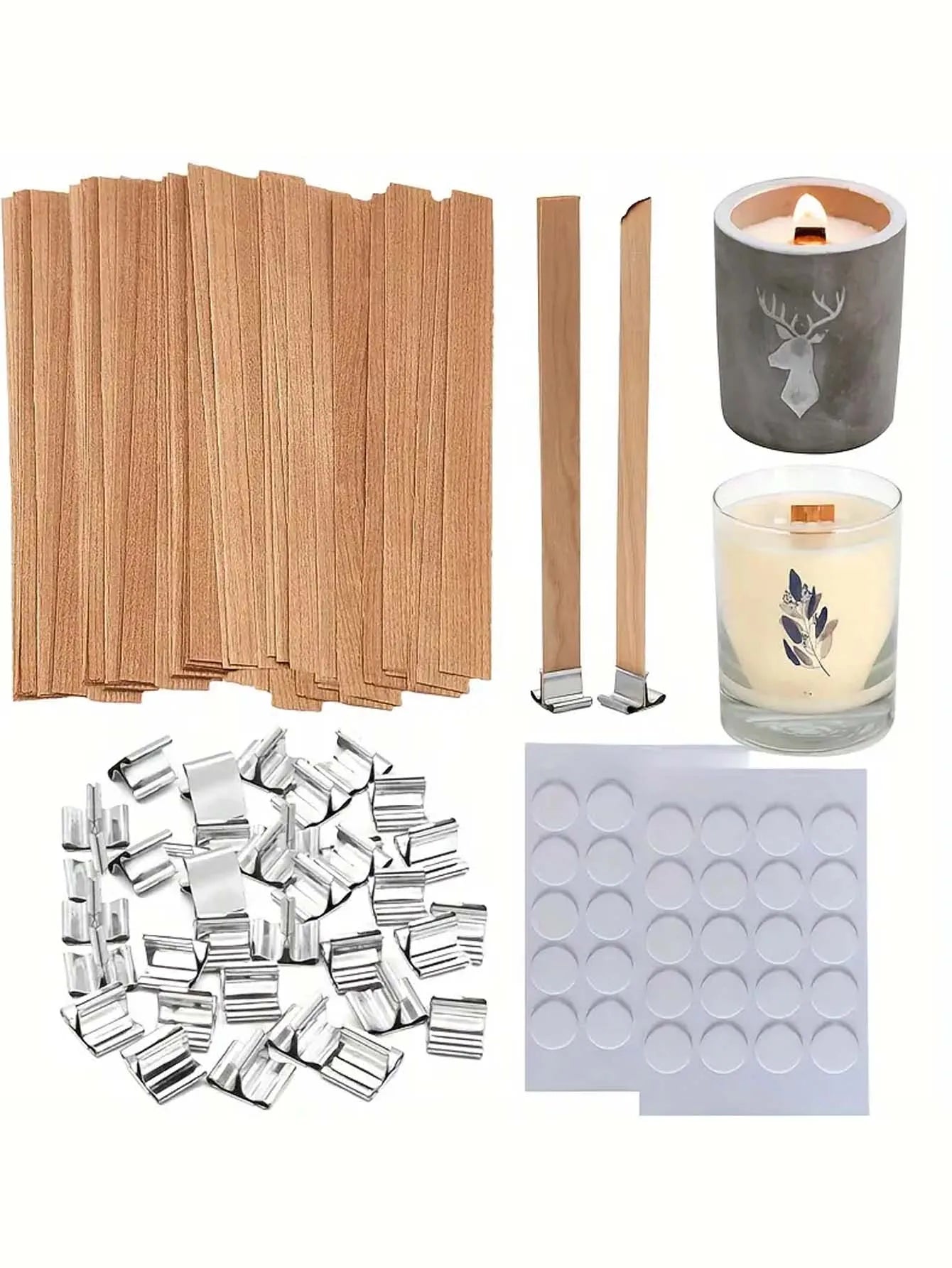 DIY Candle Making Kit | 60pcs Set with Natural Wood Wicks, Metal Stands & Glue Dots for Crafting