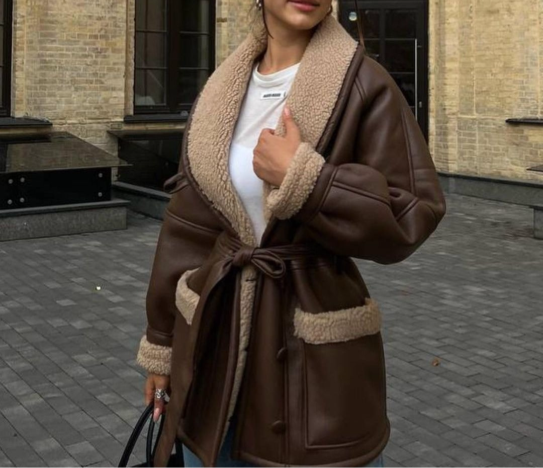 Leather And Fur Korean Style Long Sleeve Splicing Coat Women