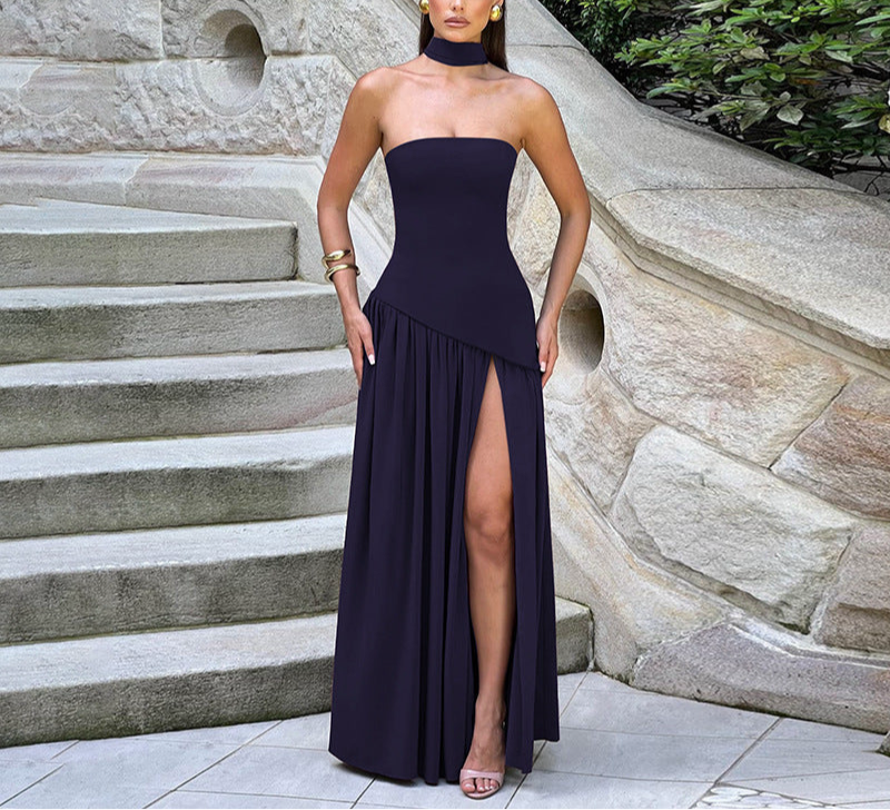 Pure Color Split Backless Elegant Streamer Dress