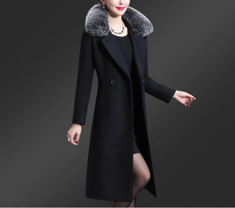 Korean Version Fox Fur Collar Single Side Cashmere Coat
