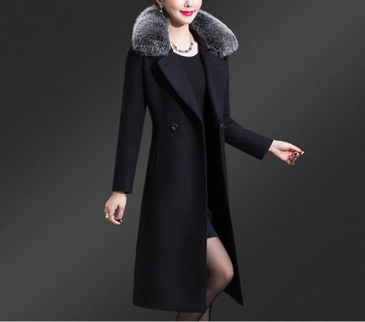 Korean Version Fox Fur Collar Single Side Cashmere Coat