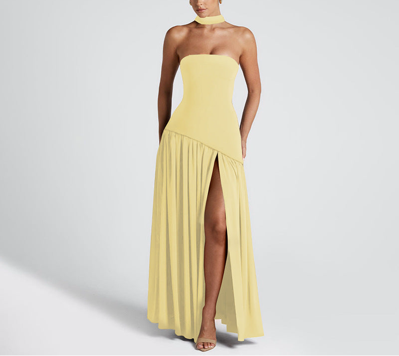 Pure Color Split Backless Elegant Streamer Dress