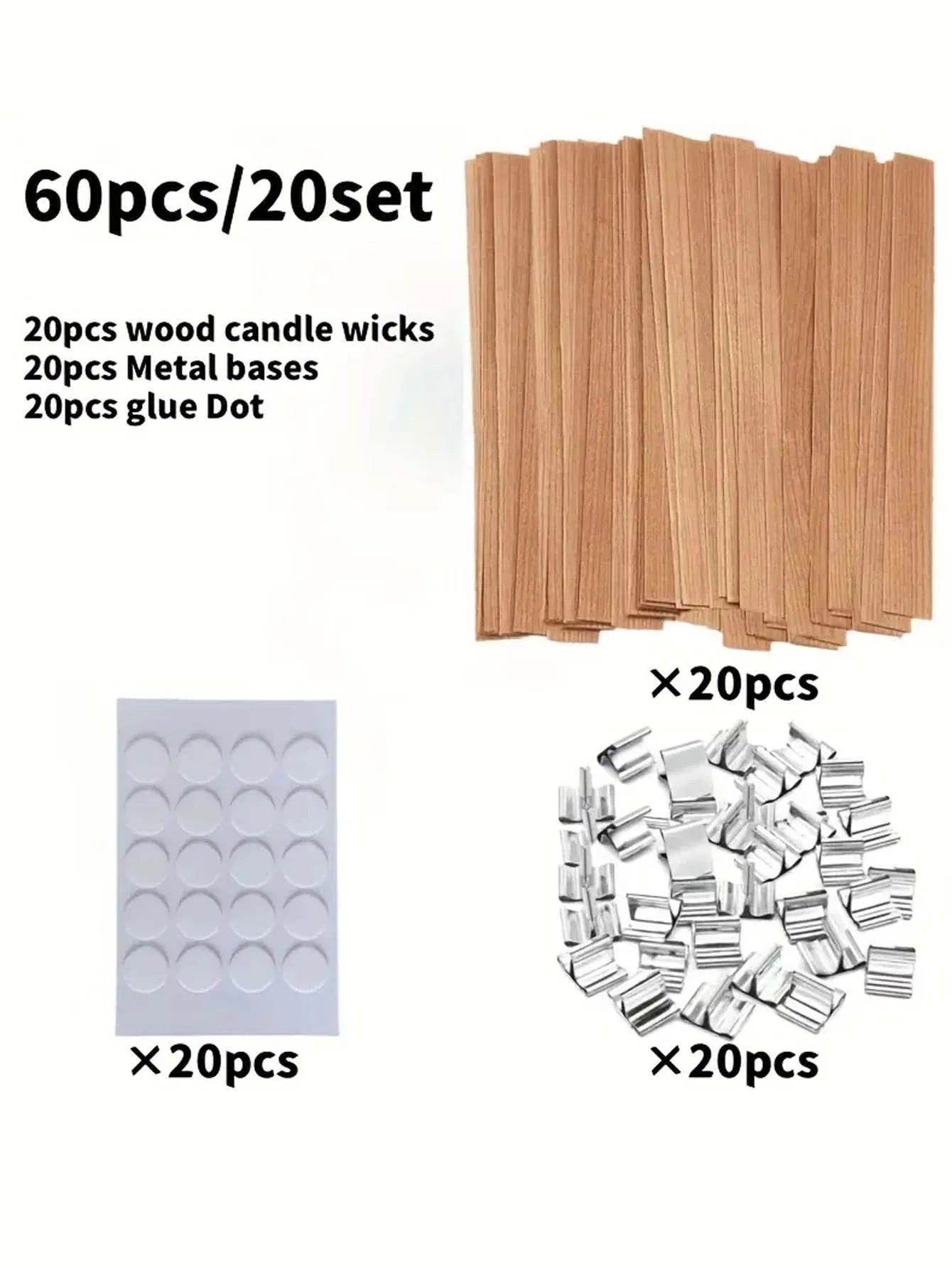 DIY Candle Making Kit | 60pcs Set with Natural Wood Wicks, Metal Stands & Glue Dots for Crafting