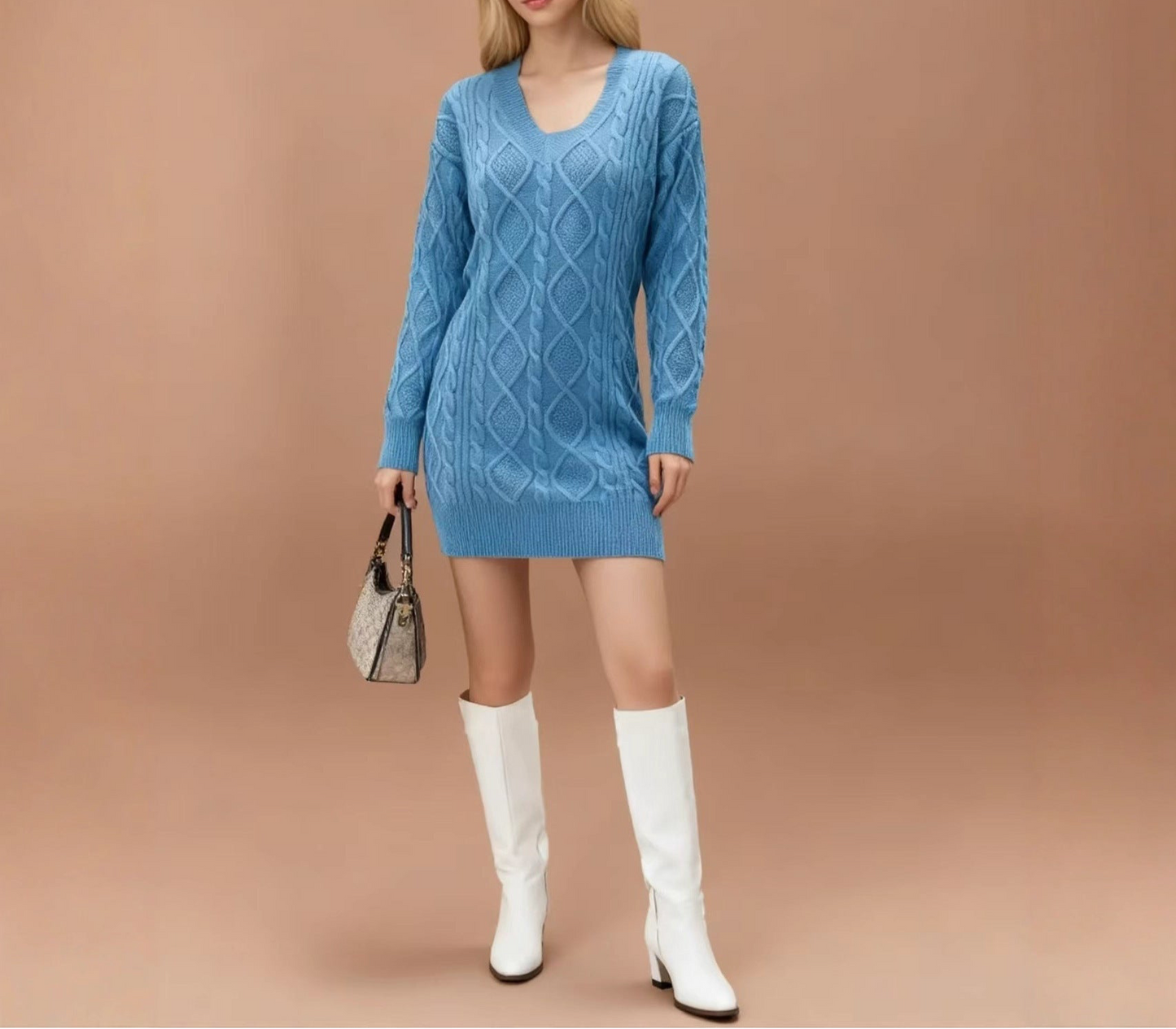 Mid-length Sweater V-neck Knitted Casual Twist Dress