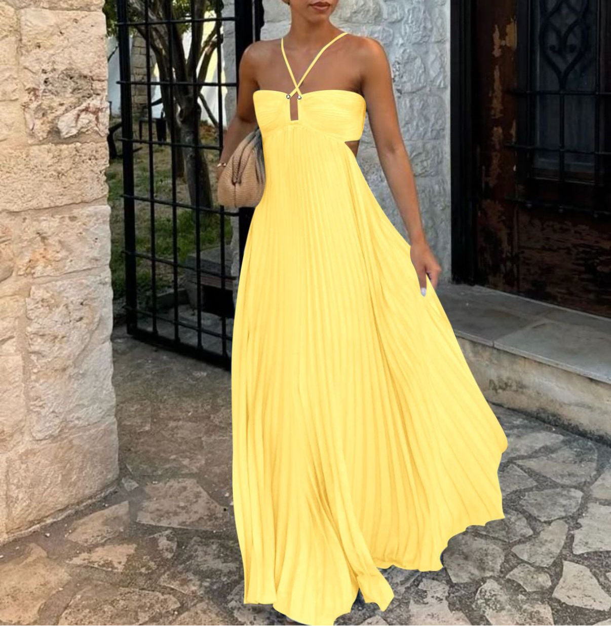 Ins Pleated Sleeveless Sling Dress Hollow High Waist Halter Robe Dresses For Evening Party Club Clothing Women