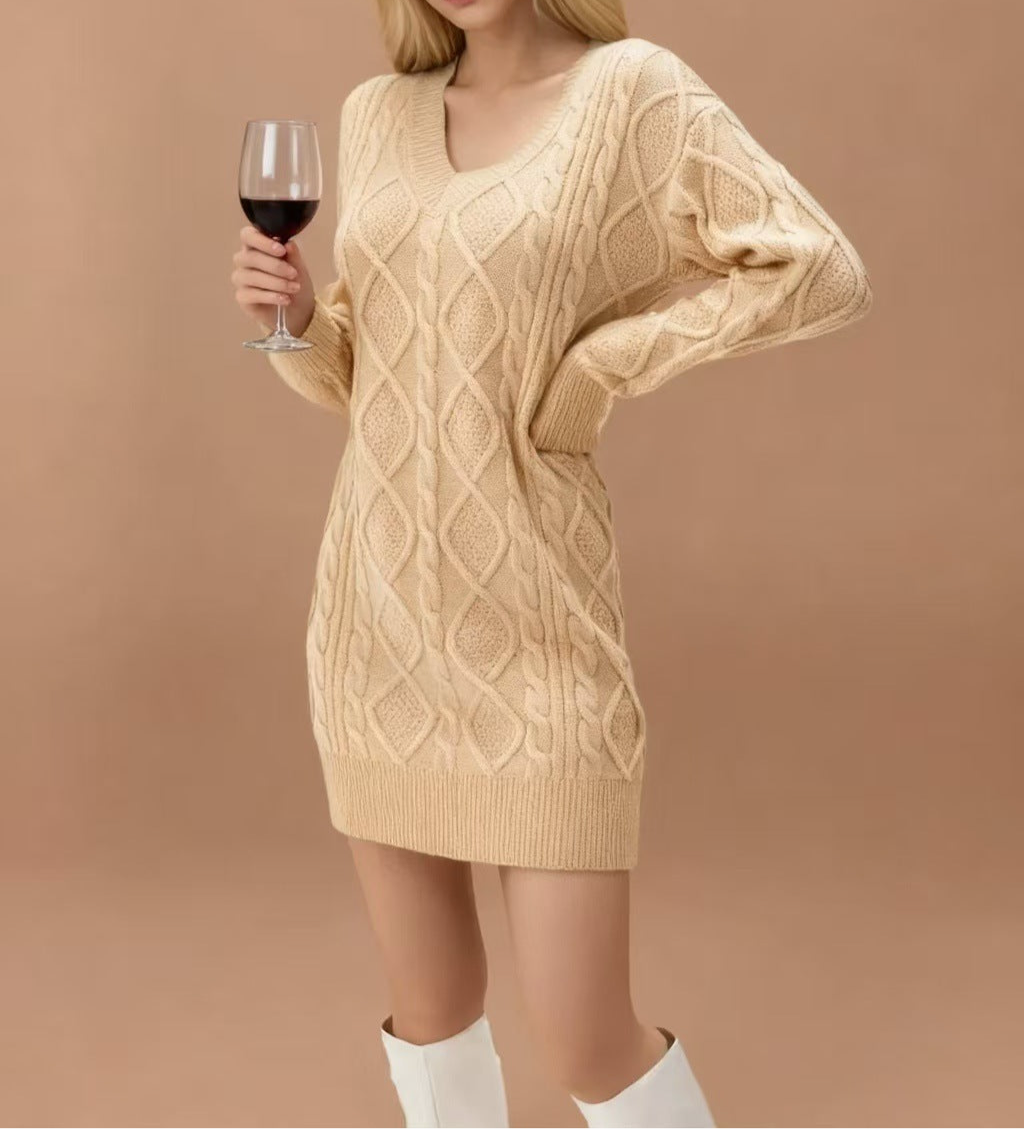 Mid-length Sweater V-neck Knitted Casual Twist Dress