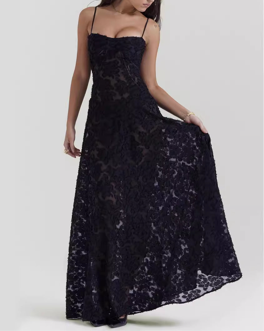 Sexy Flowers Lace Suspender Dress Summer Fashion Slim Back Lace-up Long Dresses Party Evening Club Clothing For Women