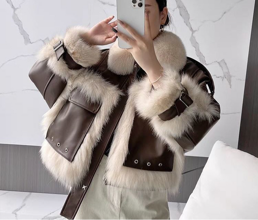 Sense Fox Fur Stitching Leather Coat