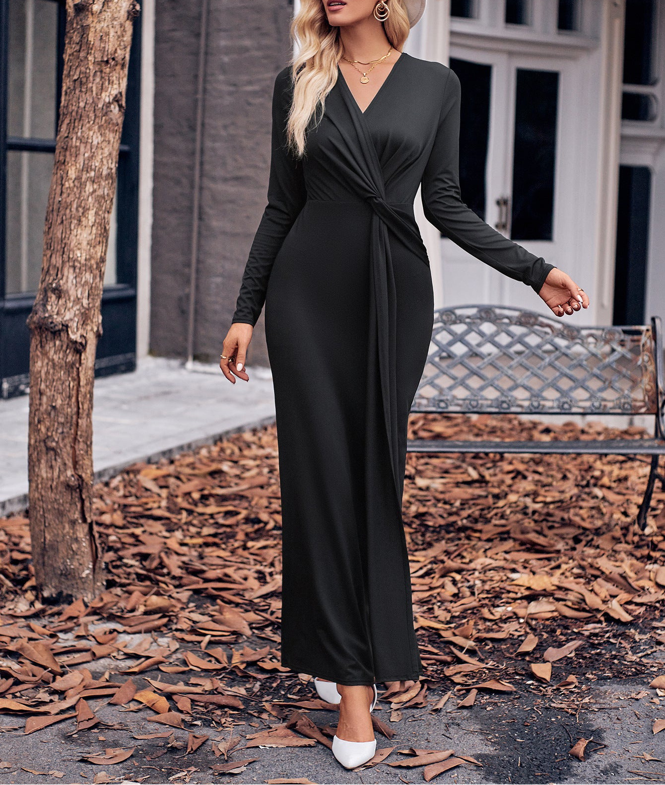 V-neck Solid Long Sleeve Dress