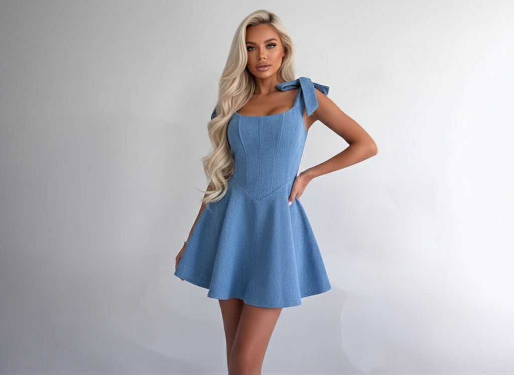 Fashion Hot Girl Square Collar Lace Up Fishbone Waist Dress
