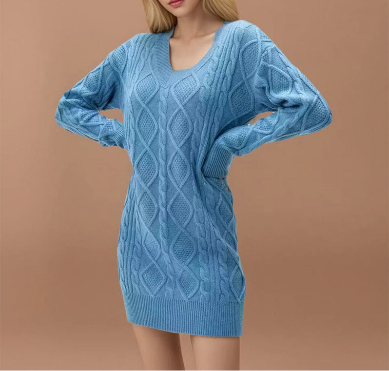 Mid-length Sweater V-neck Knitted Casual Twist Dress