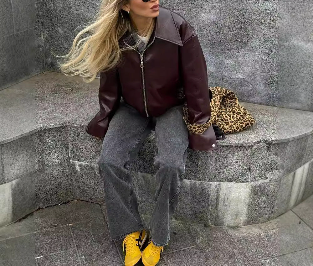 Casual Long Sleeve Leather Coat