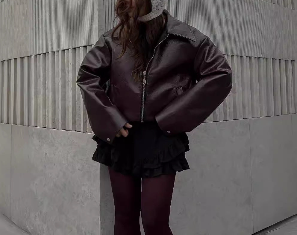 Casual Long Sleeve Leather Coat