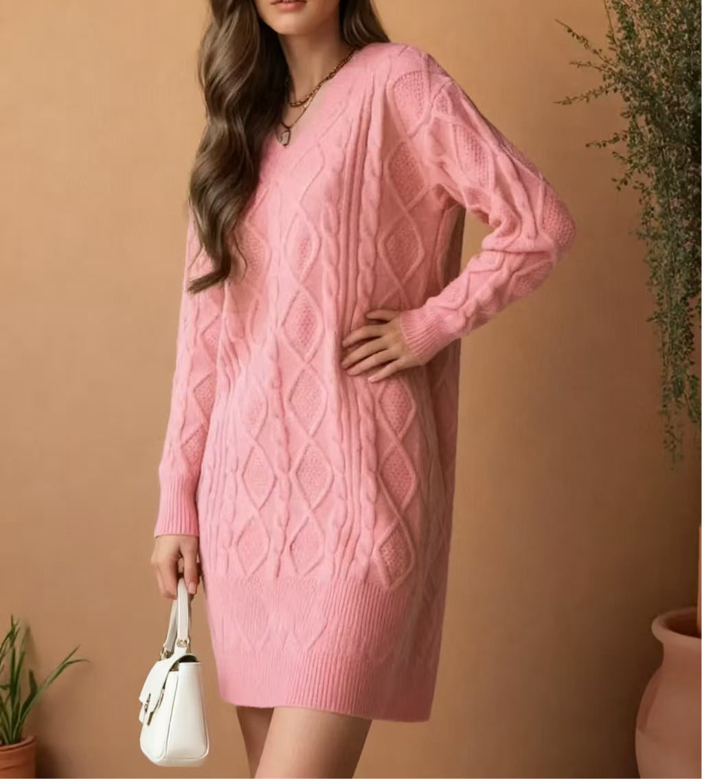 Mid-length Sweater V-neck Knitted Casual Twist Dress