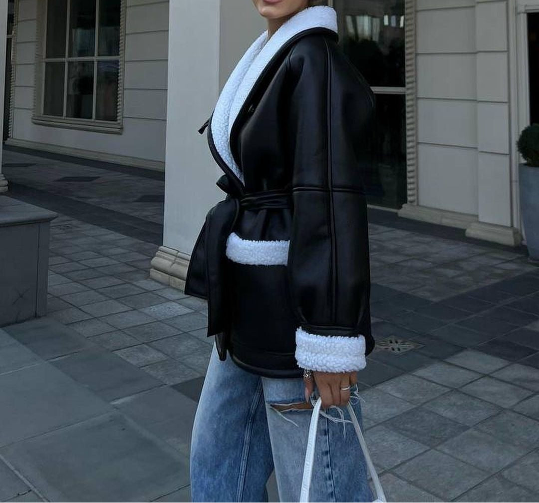 Leather And Fur Korean Style Long Sleeve Splicing Coat Women