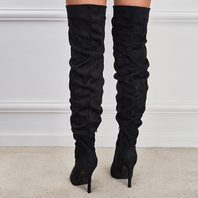 Pointed Toe Suede High Zipper Stiletto Heel Boots