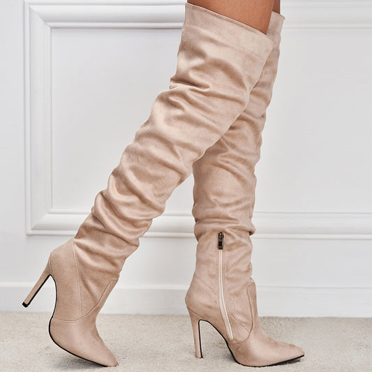 Pointed Toe Suede High Zipper Stiletto Heel Boots