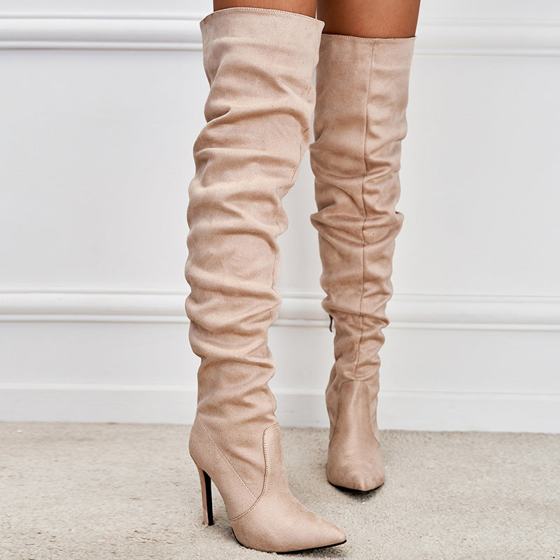 Pointed Toe Suede High Zipper Stiletto Heel Boots