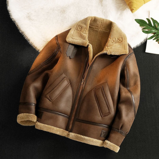 Men's Winter Fleece Cashmere Leather Coat