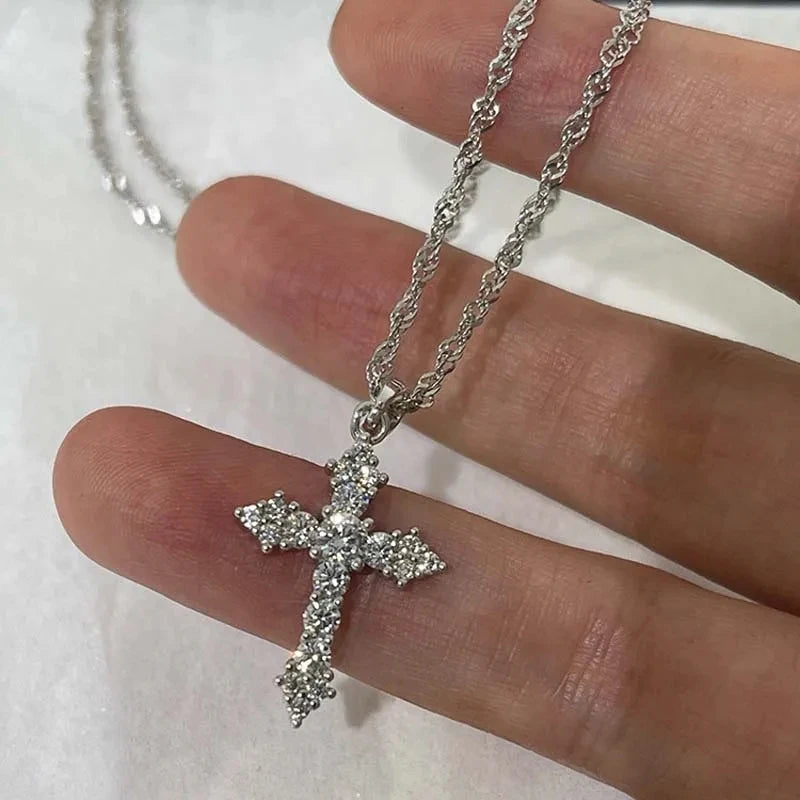 Shiny Crystal Zircon Cross Pendant Necklace