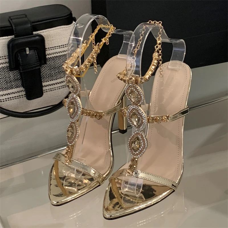EilyKen Sexy Golden Pointed Toe Women Women Sandals Design Style Crystal Chain Buckle Strap Thin High Heels Party Prom Shoes