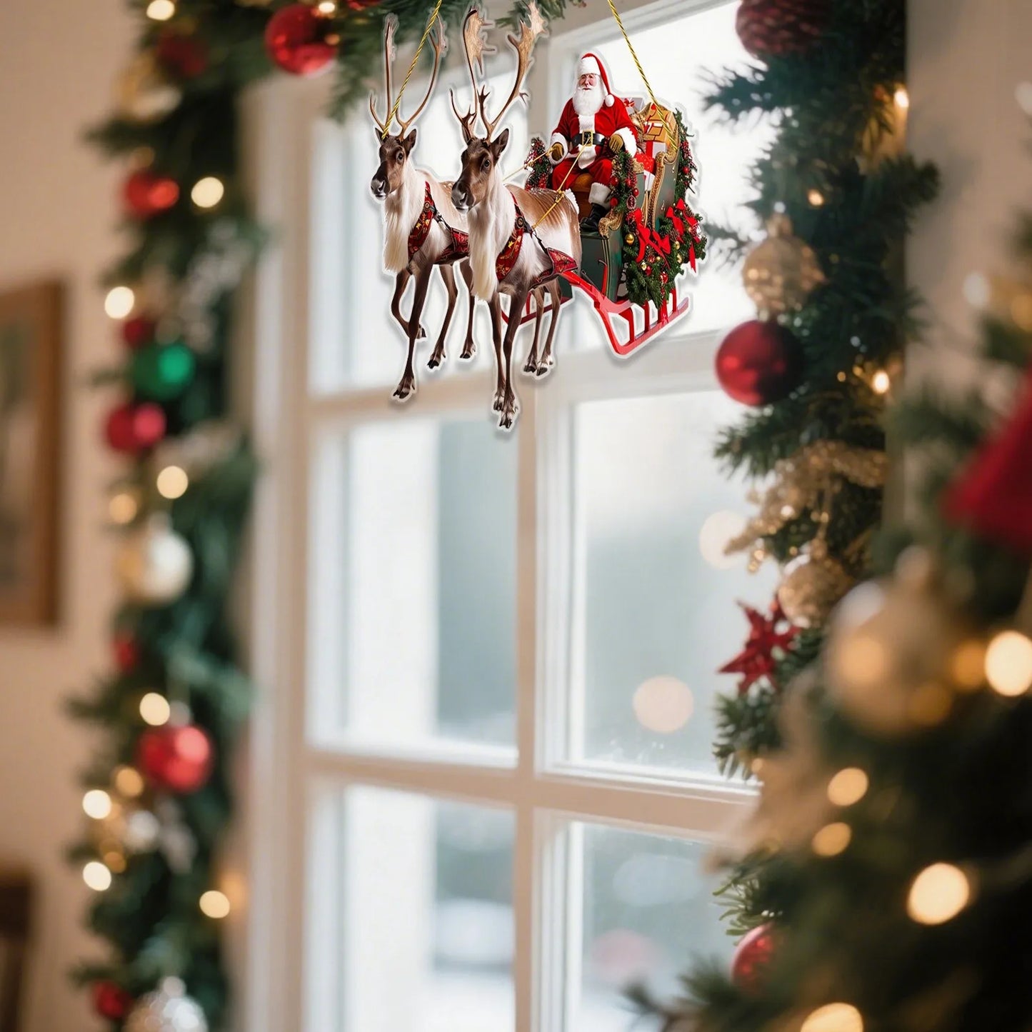 Christmas Reindeer Sleigh Santa Figurine 2D | Acrylic Christmas Santa Claus on Sleigh Decoration