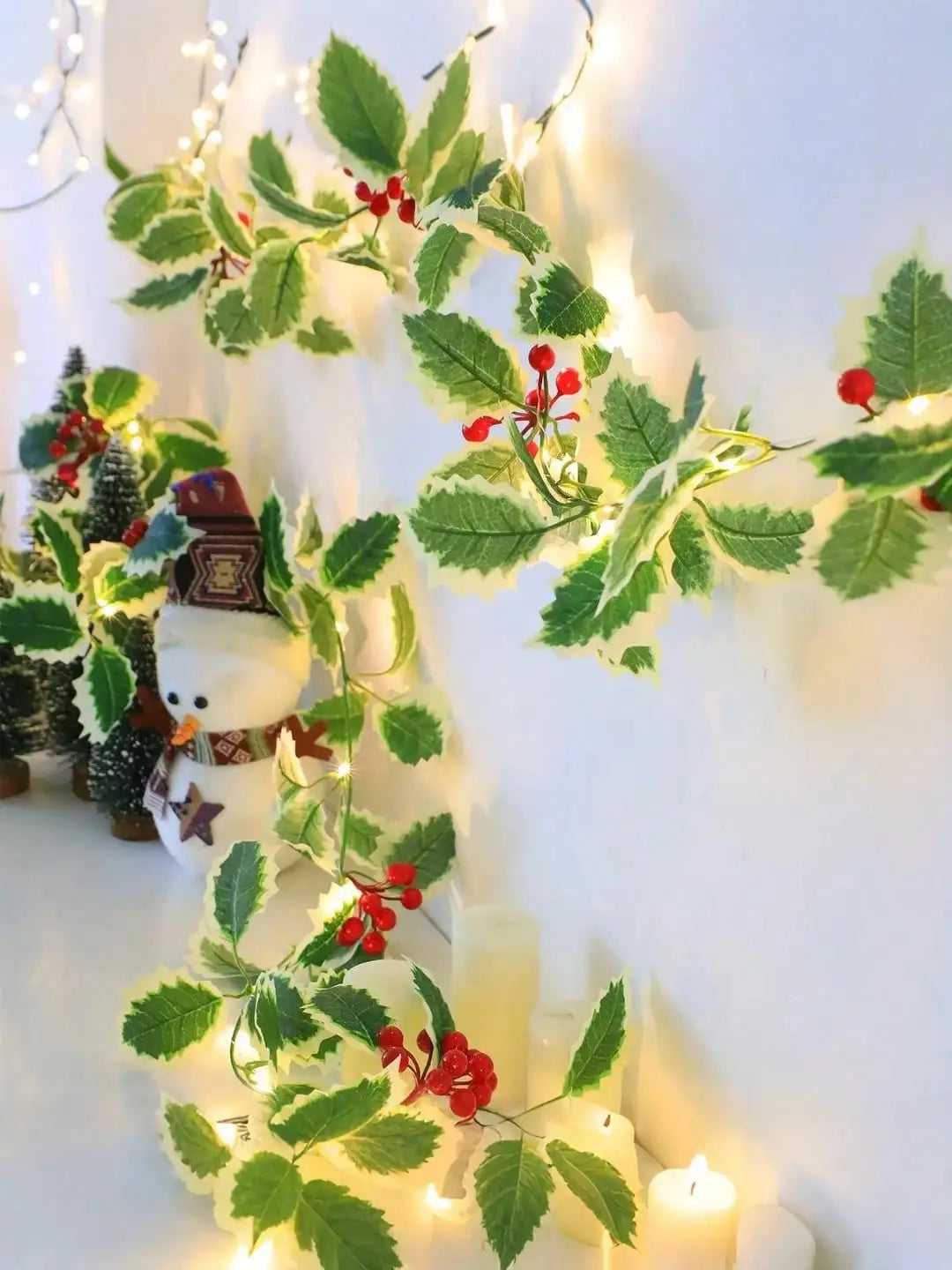 Christmas Garland with Red Berries and Holly Leaves Fireplace Gate Room Decor