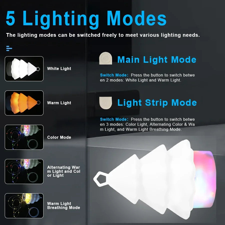 Christmas LED Tree Lamp Silicone Sleep Lamp Lighted with 10M Storable String Light 1800mAh USB-Rechargeable with Hook for Kids