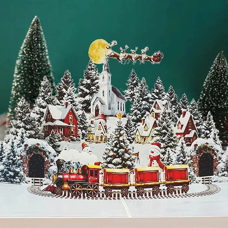 3D Christmas Card | Night Before Christmas Scene With Santa, Reindeer, Snowy Village & Moonlit Sky Festive Holiday Greeting Card