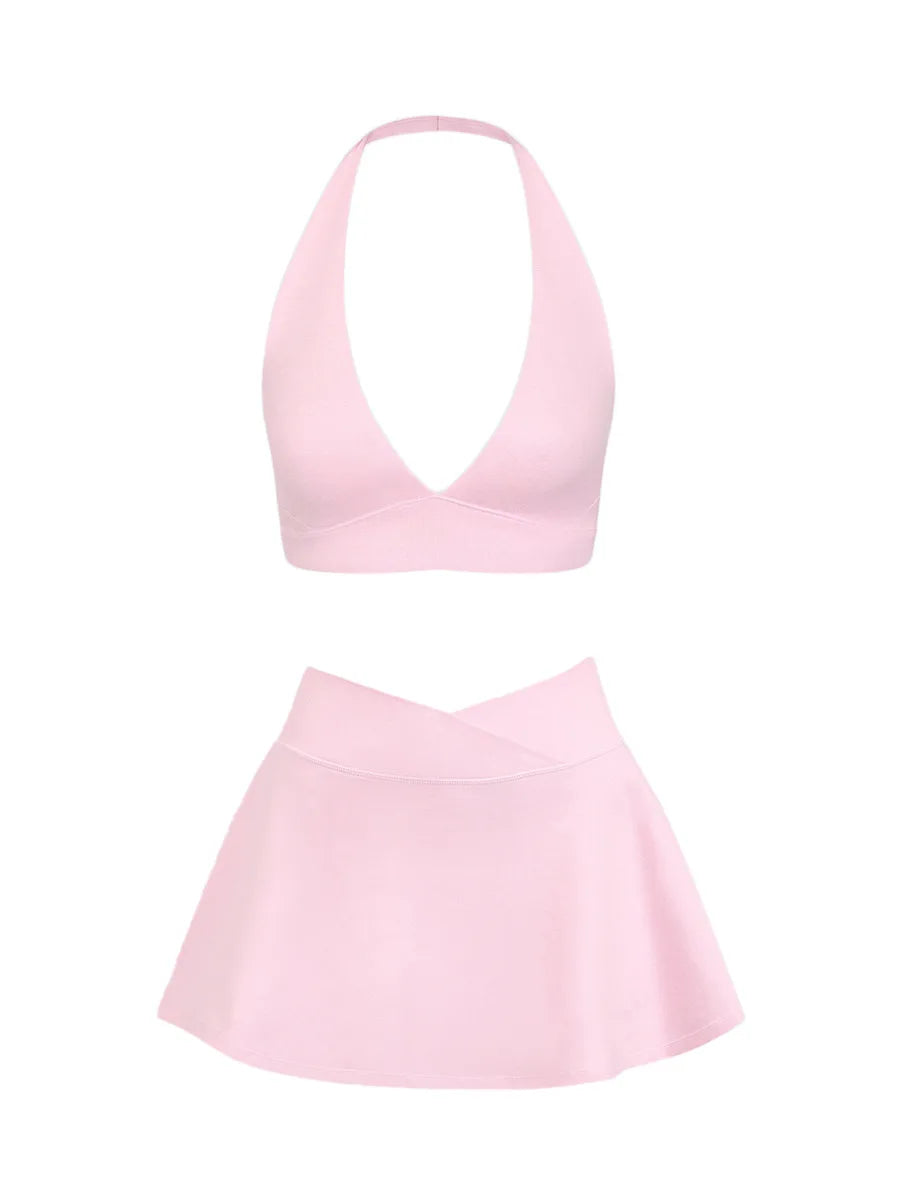 Activewear Set – Halter Sports Bra &amp; Tennis Skirt with Built-in Shorts