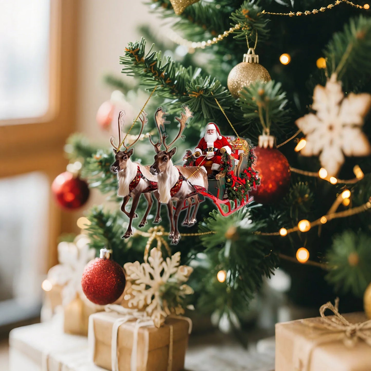 Christmas Reindeer Sleigh Santa Figurine 2D | Acrylic Christmas Santa Claus on Sleigh Decoration