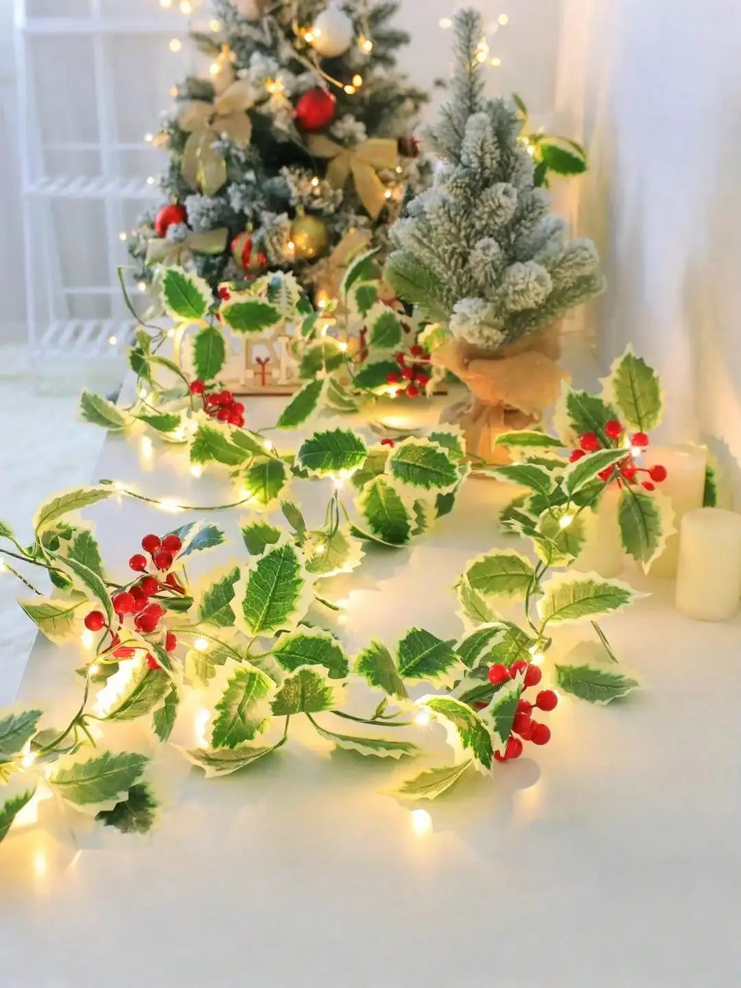 Christmas Garland with Red Berries and Holly Leaves Fireplace Gate Room Decor