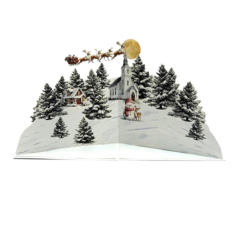 3D Christmas Card | Night Before Christmas Scene With Santa, Reindeer, Snowy Village & Moonlit Sky Festive Holiday Greeting Card