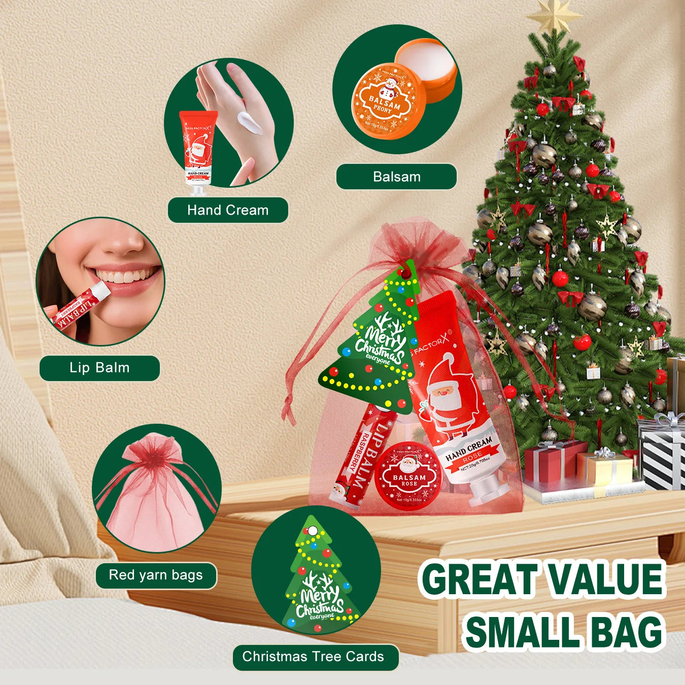 Christmas assembly gift set | 20 sets, including balm, hand cream, lipstick, red gauze bag, Christmas tree and thank you card