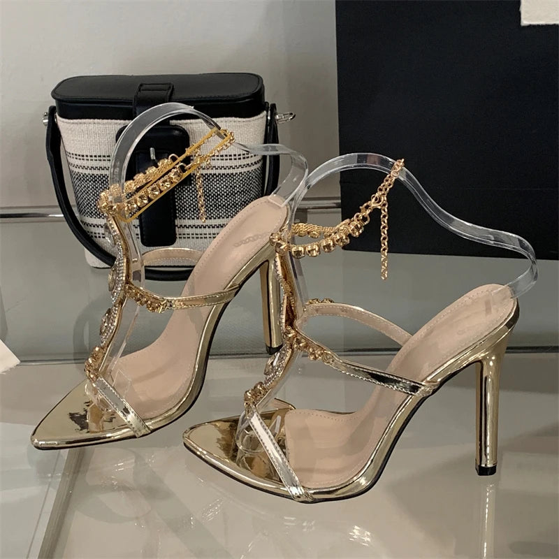 EilyKen Sexy Golden Pointed Toe Women Women Sandals Design Style Crystal Chain Buckle Strap Thin High Heels Party Prom Shoes