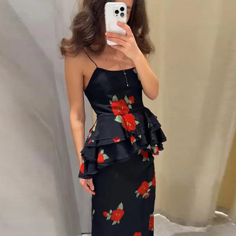 Elegant Ruffle Top Skirt Set Women Chic Print Sleeveless Backless Sling Top Hip Package Long Skirt Sets 2025 Summer Lady Dress