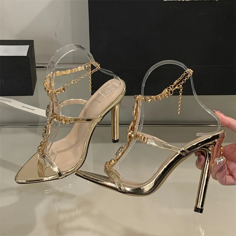 EilyKen Sexy Golden Pointed Toe Women Women Sandals Design Style Crystal Chain Buckle Strap Thin High Heels Party Prom Shoes