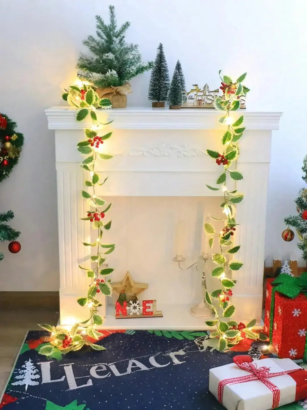 Christmas Garland with Red Berries and Holly Leaves Fireplace Gate Room Decor