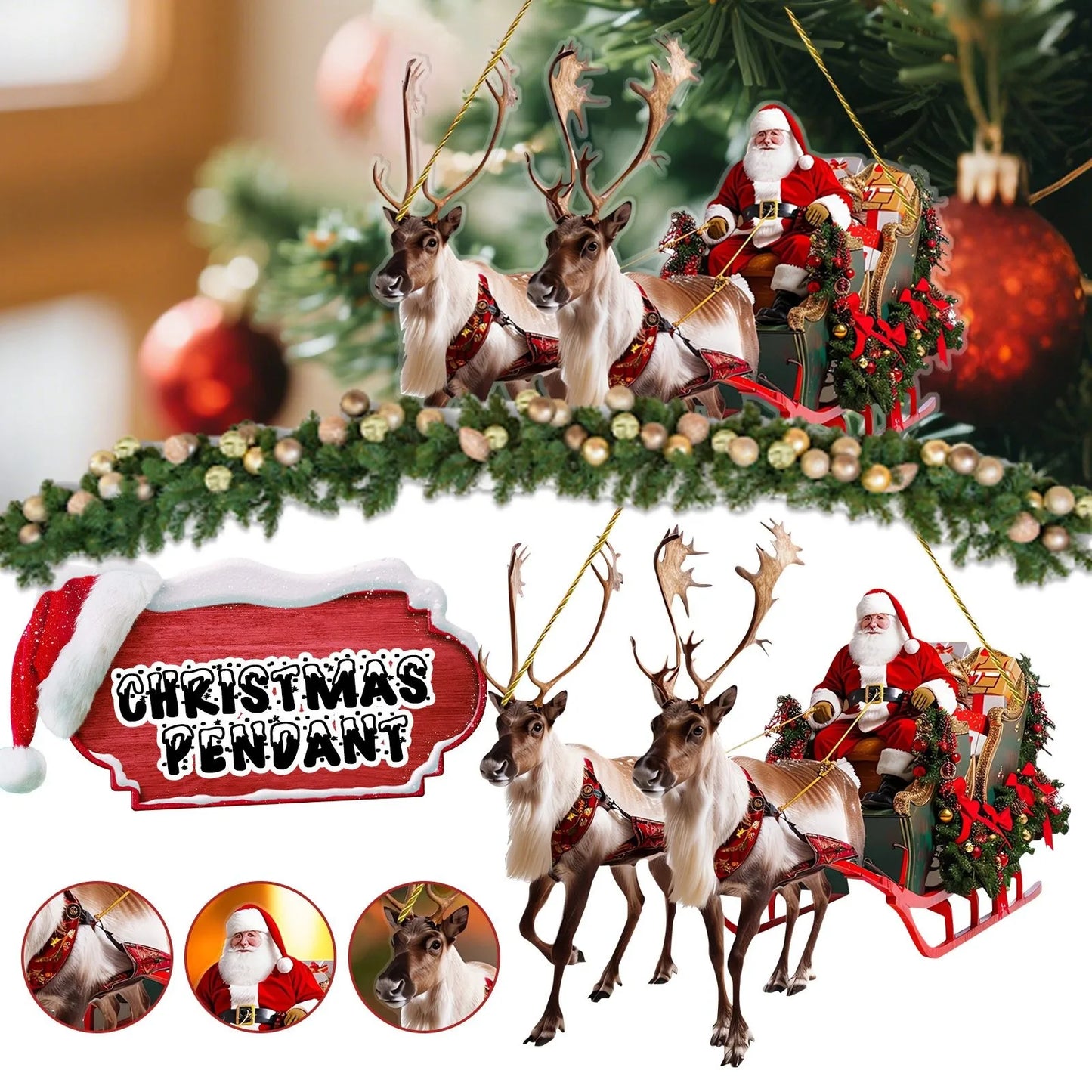 Christmas Reindeer Sleigh Santa Figurine 2D | Acrylic Christmas Santa Claus on Sleigh Decoration