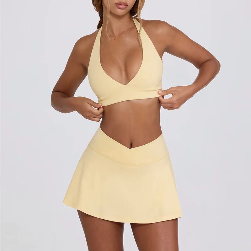 Activewear Set – Halter Sports Bra &amp; Tennis Skirt with Built-in Shorts