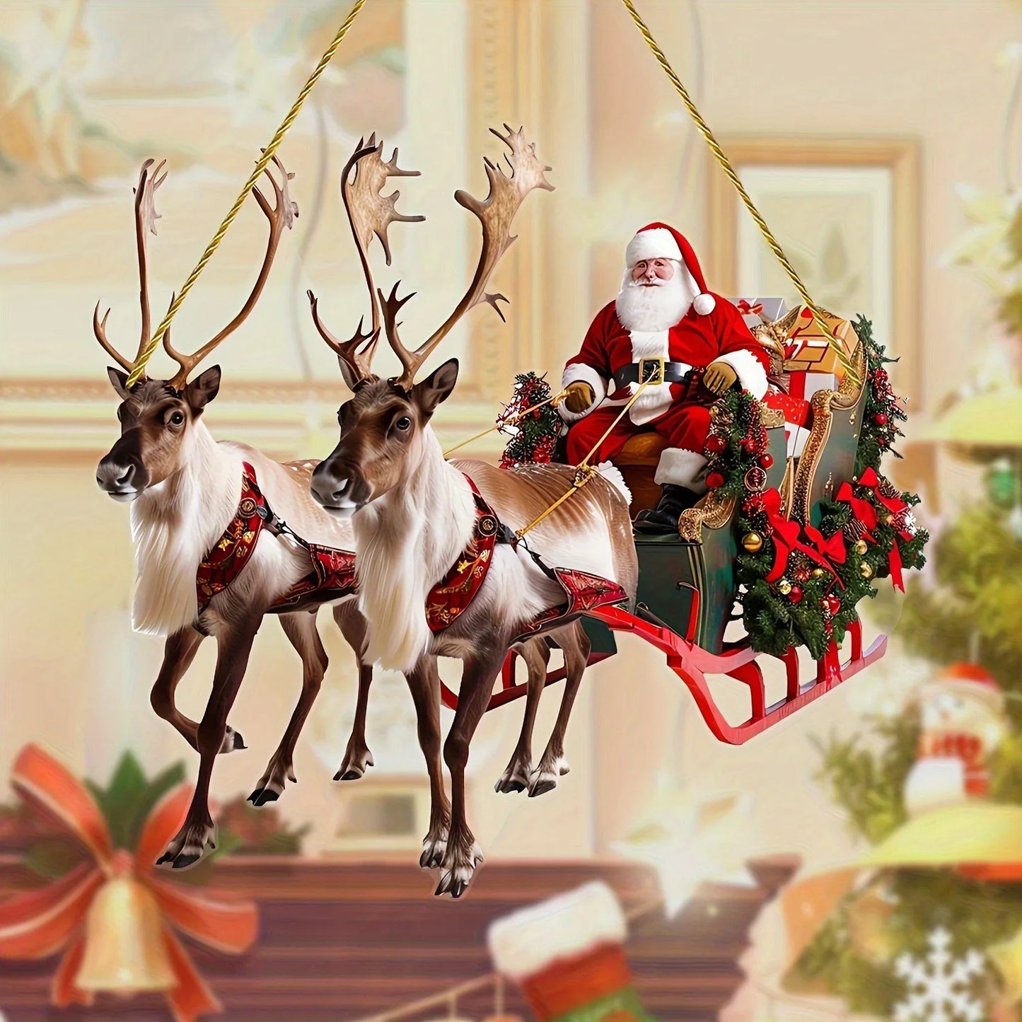 Christmas Reindeer Sleigh Santa Figurine 2D | Acrylic Christmas Santa Claus on Sleigh Decoration