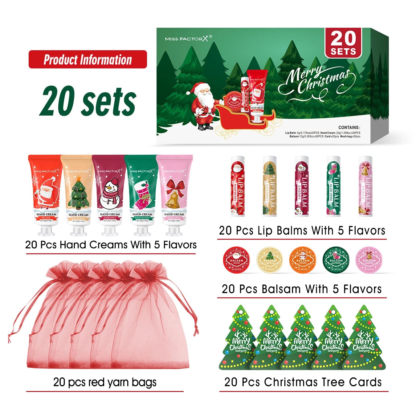 Christmas assembly gift set | 20 sets, including balm, hand cream, lipstick, red gauze bag, Christmas tree and thank you card