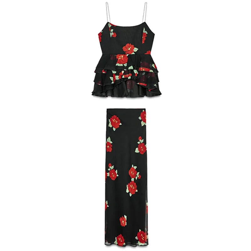 Elegant Ruffle Top Skirt Set Women Chic Print Sleeveless Backless Sling Top Hip Package Long Skirt Sets 2025 Summer Lady Dress
