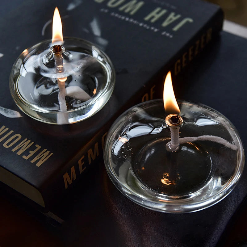 Hand Crafted Transparent Oil Lamp in a Glass Candle Holder | Ideal for a Rustic Christmas Dinner Decoration.