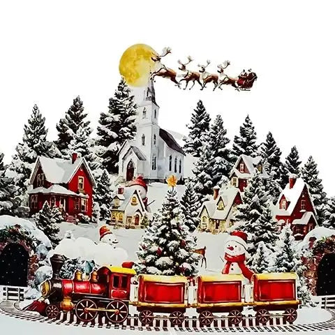 3D Christmas Card | Night Before Christmas Scene With Santa, Reindeer, Snowy Village & Moonlit Sky Festive Holiday Greeting Card