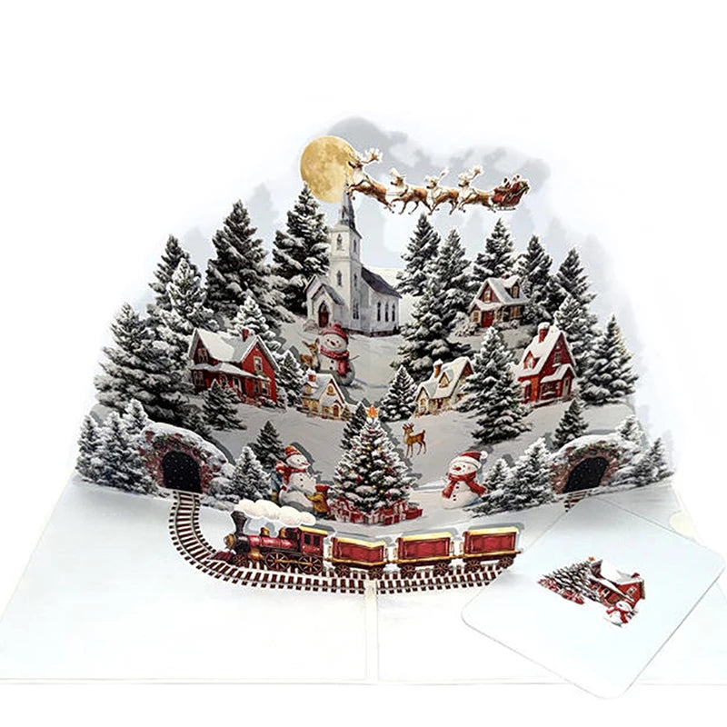 3D Christmas Card | Night Before Christmas Scene With Santa, Reindeer, Snowy Village & Moonlit Sky Festive Holiday Greeting Card