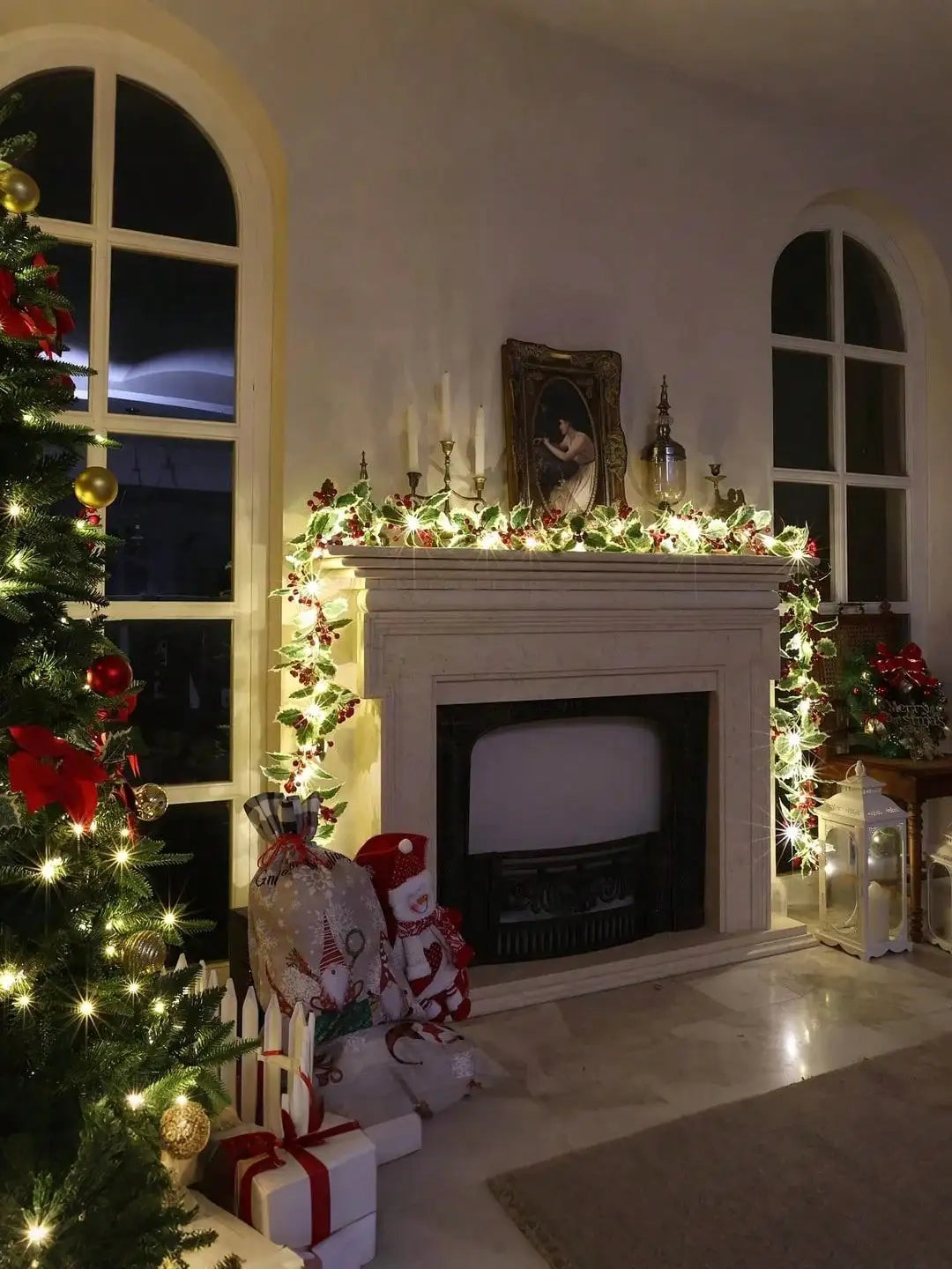 Christmas Garland with Red Berries and Holly Leaves Fireplace Gate Room Decor