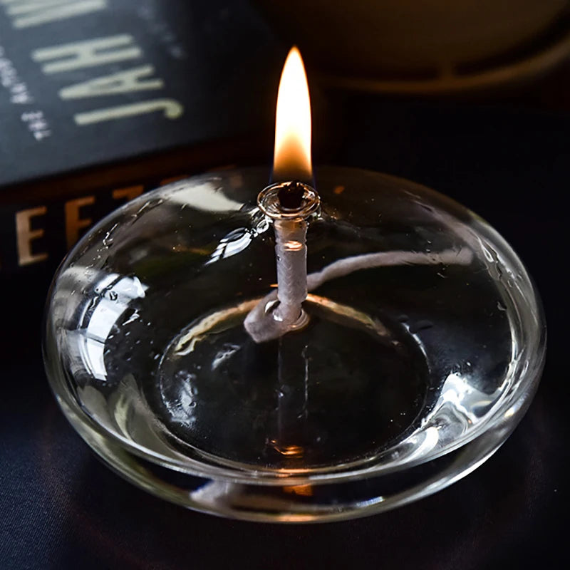 Hand Crafted Transparent Oil Lamp in a Glass Candle Holder | Ideal for a Rustic Christmas Dinner Decoration.