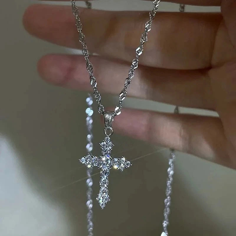 Shiny Crystal Zircon Cross Pendant Necklace